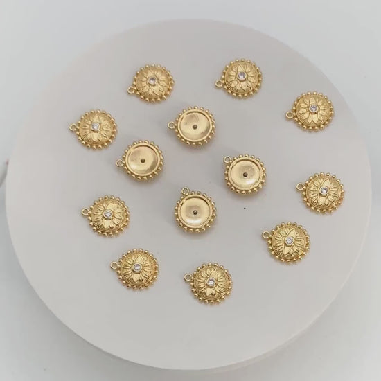 4pcs CZ Pave Gold Flower Evil eye Charms 17x15mm, 18K Gold plated Brass, Disk Evil eye Pendants (GB-4085-D)