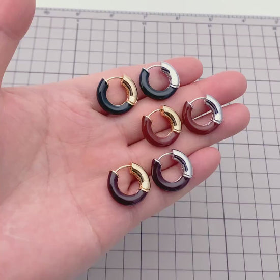4pcs Enamel Hoop Earrings, 18K Gold/ Rhodium plated Brass, Minimalist Circle Huggies (GB-4767)