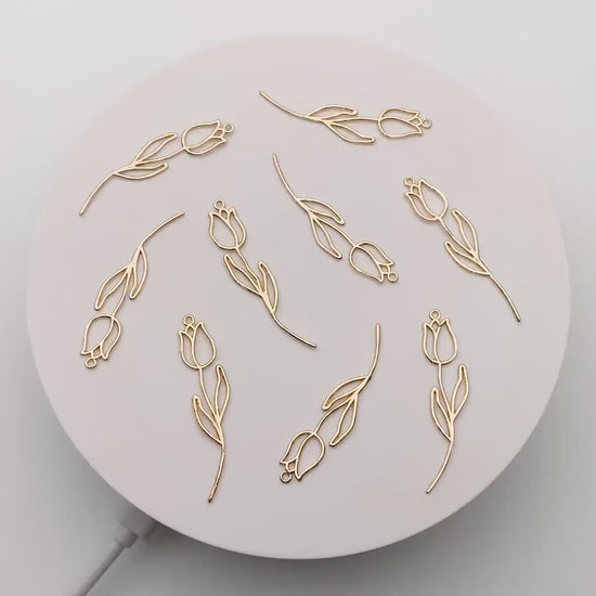10pcs Gold Hollow Tulip Charms, 18K Gold plated Brass, Flower Earring Pendants (GB-4425-H)
