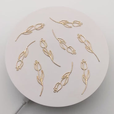 10pcs Gold Hollow Tulip Charms, 18K Gold plated Brass, Flower Earring Pendants (GB-4425-H)