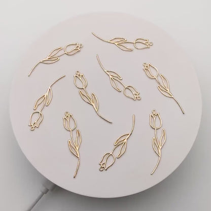 10pcs Gold Hollow Tulip Charms, 18K Gold plated Brass, Flower Earring Pendants (GB-4425-H)