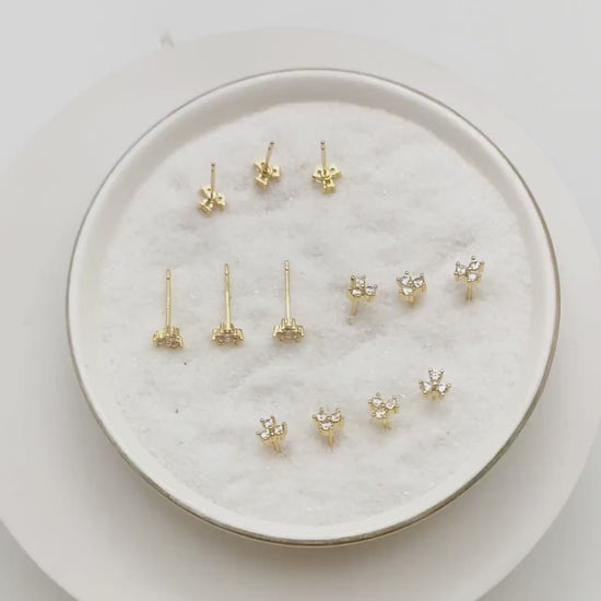 10pcs Gold Plated CZ Pave Ear Posts: Tiny Trinity Stud Earrings (GB-3395)