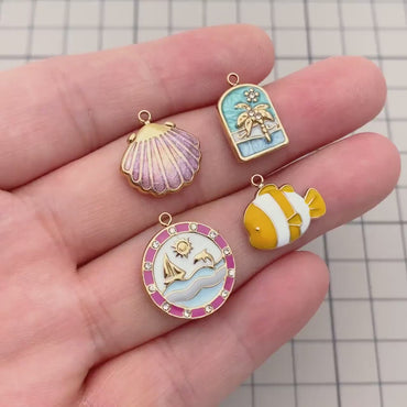 4pcs Enamel Beach Style Charms, PVD Gold Stainless Steel, Jewelry Making Supply (GB-4701)