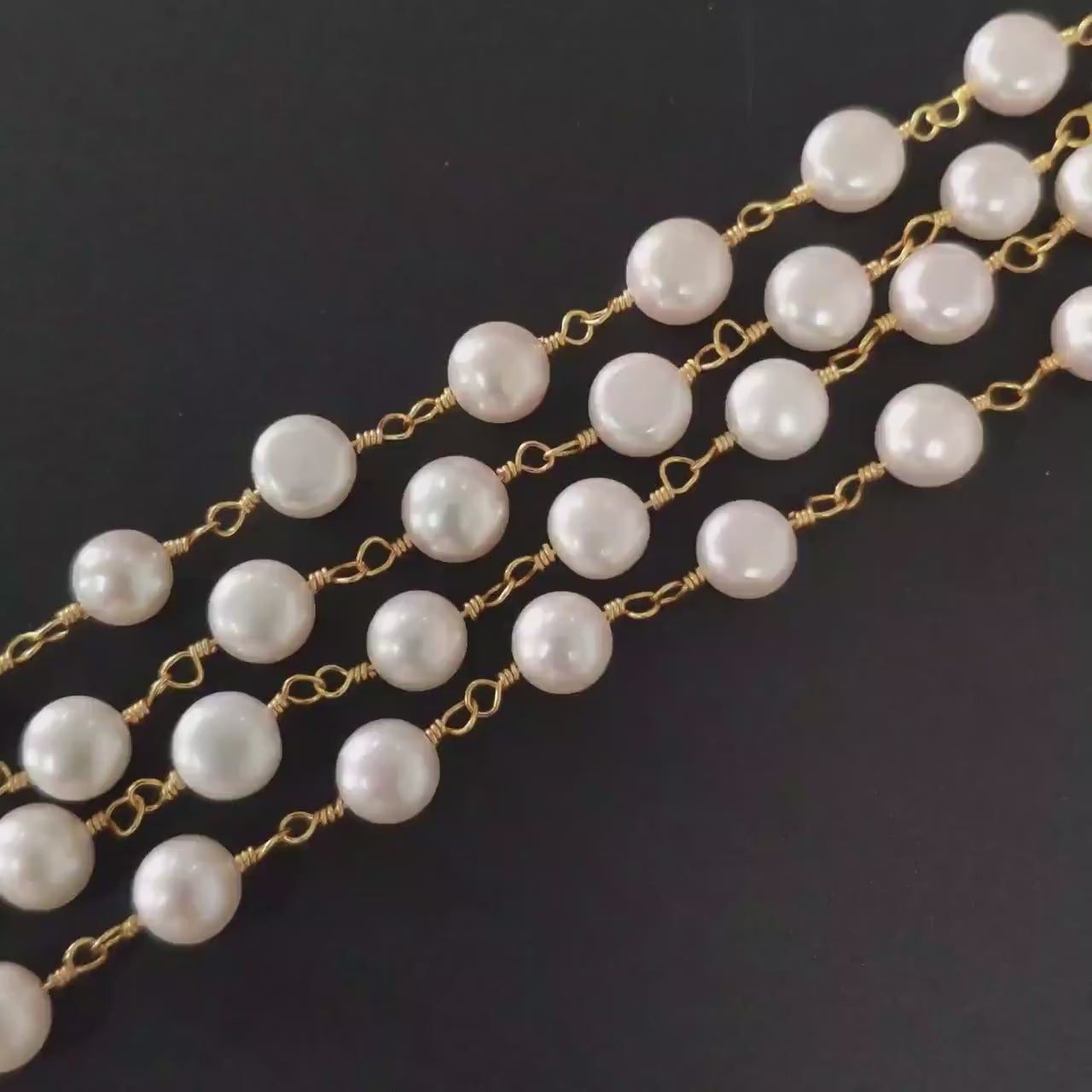 Natural Freshwater Pearl Chains, Gold Chain with 8mm Genuine Button Pearls (LK-485)/ 1 Meter=3.3 feet