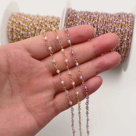 Gemstone CZ Beaded Chain, Cubic Zirconia Chains, 2.5mm Chain with 3mm Quartz Beads (#LK-603)/ 1 Meter=3.3ft