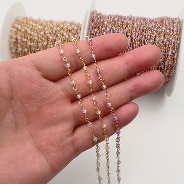 Gemstone CZ Beaded Chain, Cubic Zirconia Chains, 2.5mm Chain with 3mm Quartz Beads (#LK-603)/ 1 Meter=3.3ft
