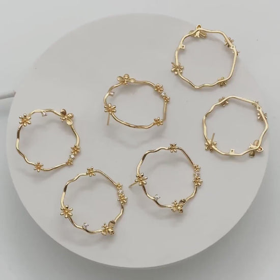 4pcs CZ Pave Garland and Bee Earring Posts 33mm, Real Gold Plated Brass Stud Earrings (GB-3357)