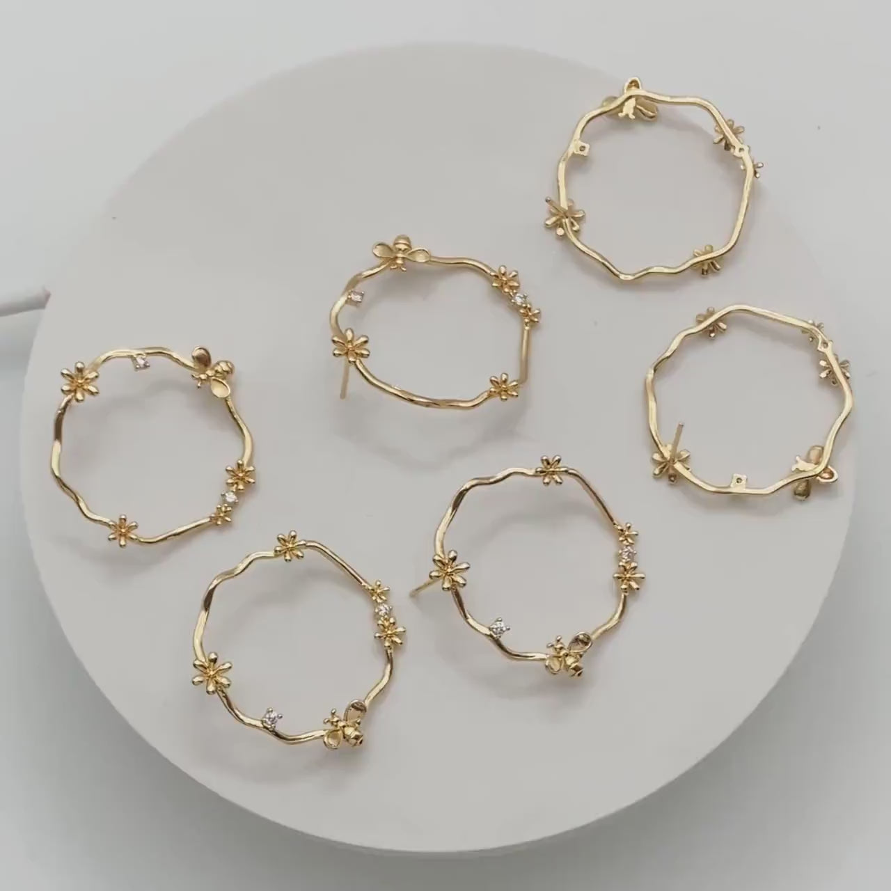 4pcs CZ Pave Garland and Bee Earring Posts 33mm, Real Gold Plated Brass Stud Earrings (GB-3357)