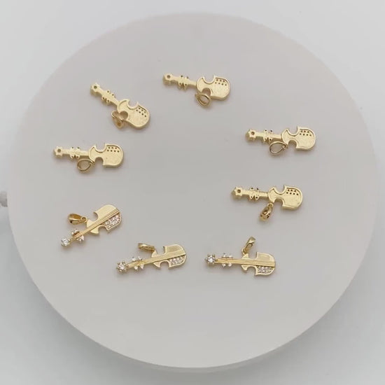 4pcs CZ Pave Bass Charms, 18K Gold plated Brass, Musical Instrument Pendants (GB-2079)