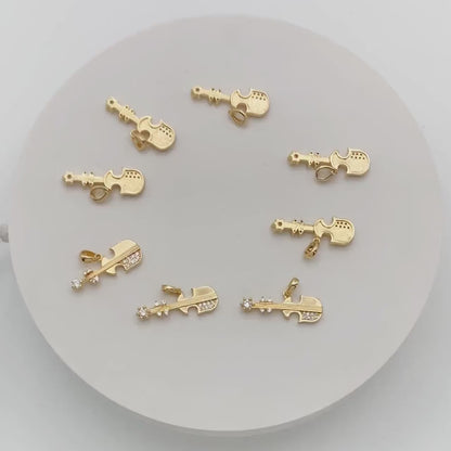 4pcs CZ Pave Bass Charms, 18K Gold plated Brass, Musical Instrument Pendants (GB-2079)