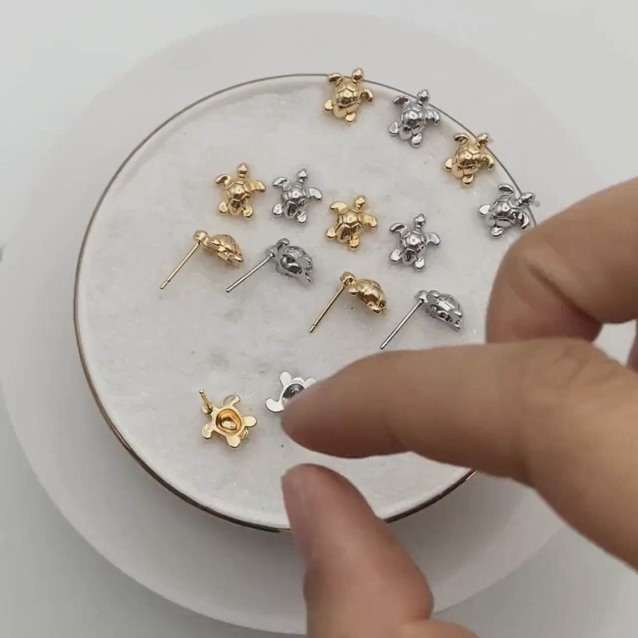 10pcs Gold/ Silver Turtle Earrings, Gold/ Rhodium Plated Brass, Minimalist Stud Earrings (GB-3845)