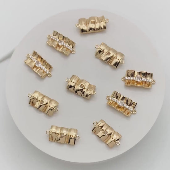 4pcs Gold plated Brass Curved Rectangle Link Charms, CZ Pave Connector Pendants (GB-3135)