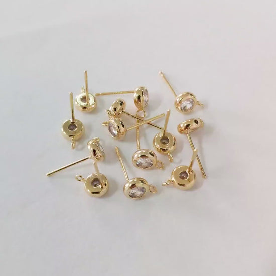 10pcs CZ Pave Gold/ Silver Tone Round Stud Earring with Loop, Gold/ Rhodium Plated Brass Stud Earrings (#GB-1622)