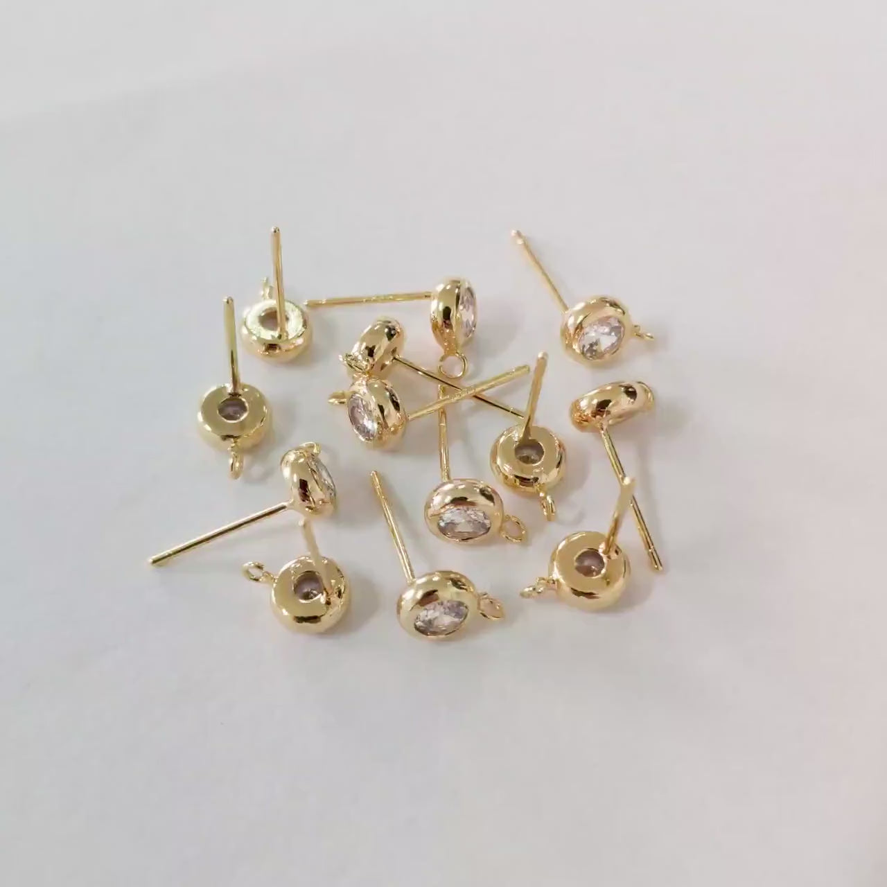 10pcs CZ Pave Gold/ Silver Tone Round Stud Earring with Loop, Gold/ Rhodium Plated Brass Stud Earrings (#GB-1622)