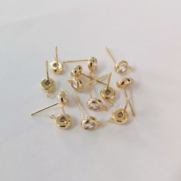 10pcs CZ Pave Gold/ Silver Tone Round Stud Earring with Loop, Gold/ Rhodium Plated Brass Stud Earrings (#GB-1622)