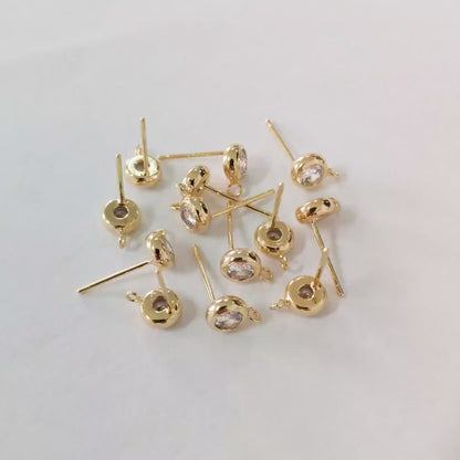 10pcs CZ Pave Gold/ Silver Tone Round Stud Earring with Loop, Gold/ Rhodium Plated Brass Stud Earrings (#GB-1622)