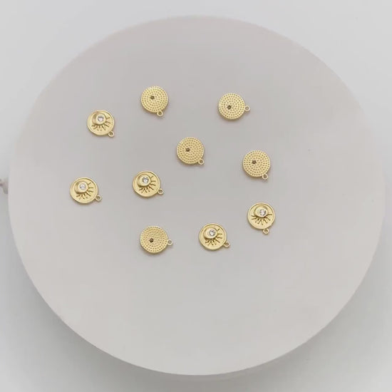 10pcs CZ Pave Gold Eye Charms, Evil Eye Round Disc Pendants (GB-1919)