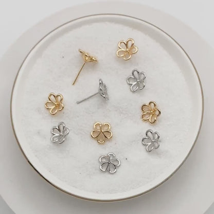 10pcs Gold/ Silver Tone Hollow Flower Stud Earring, Gold/ Rhodium Plated Brass Dainty Earrings (GB-4323-C)