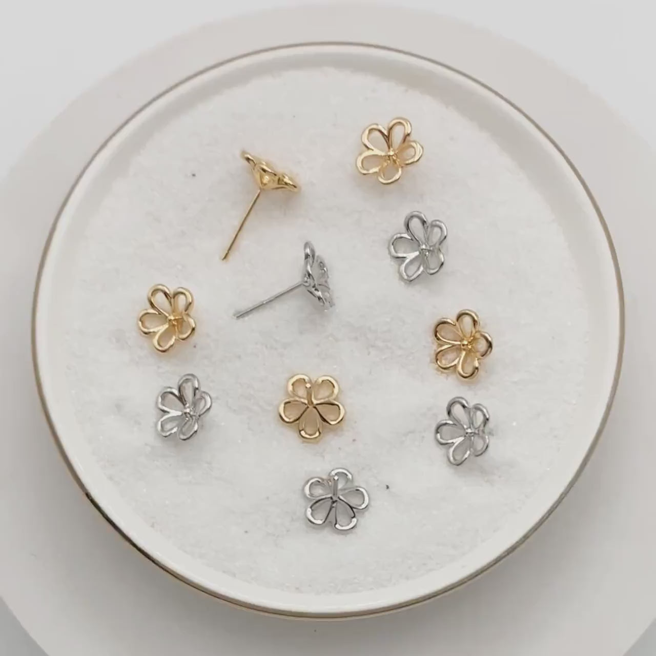 10pcs Gold/ Silver Tone Hollow Flower Stud Earring, Gold/ Rhodium Plated Brass Dainty Earrings (GB-4323-C)