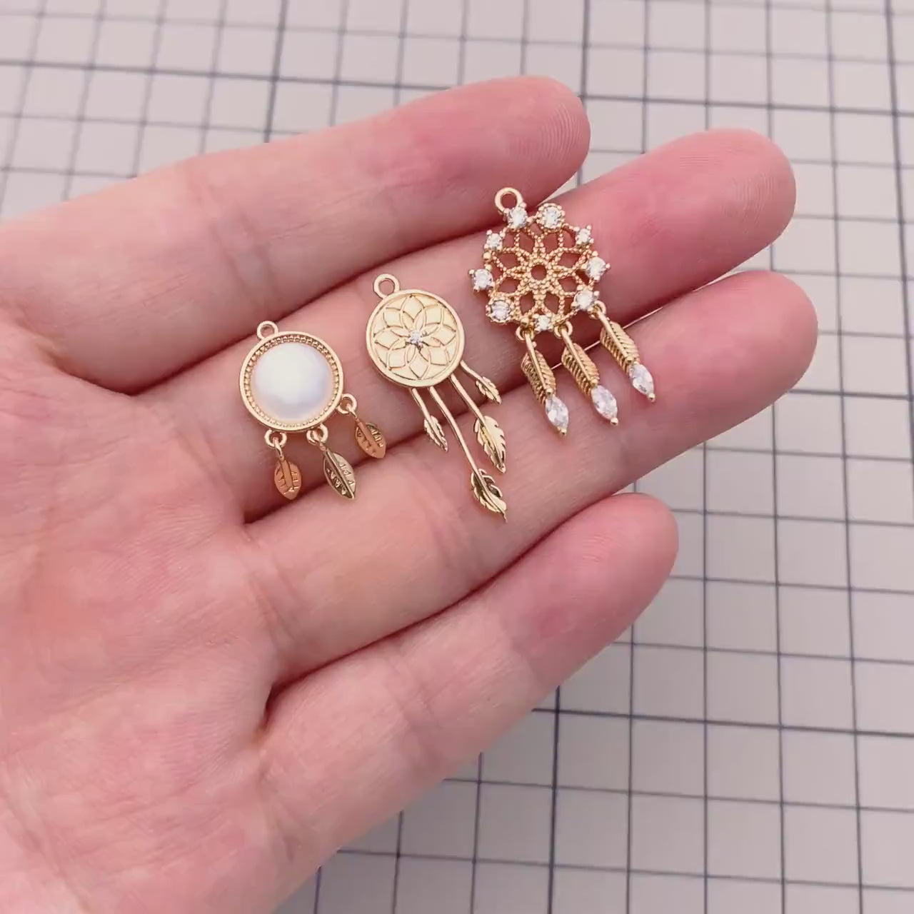 4pcs Gold Dreamcatcher Charms, 18K Gold plated Brass, Dainty Earring Charms (GB-4639)