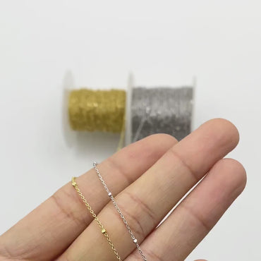 Gold/ Silver Tone Cube Beaded Chains, 0.8mm Cable Chain with 1.3mm Cube Beads, Thin Craft Jewelry Chain  (#LK-196)/ 1 Meter=3.3 ft
