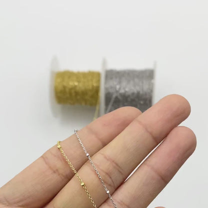 Gold/ Silver Tone Cube Beaded Chains, 0.8mm Cable Chain with 1.3mm Cube Beads, Thin Craft Jewelry Chain  (#LK-196)/ 1 Meter=3.3 ft