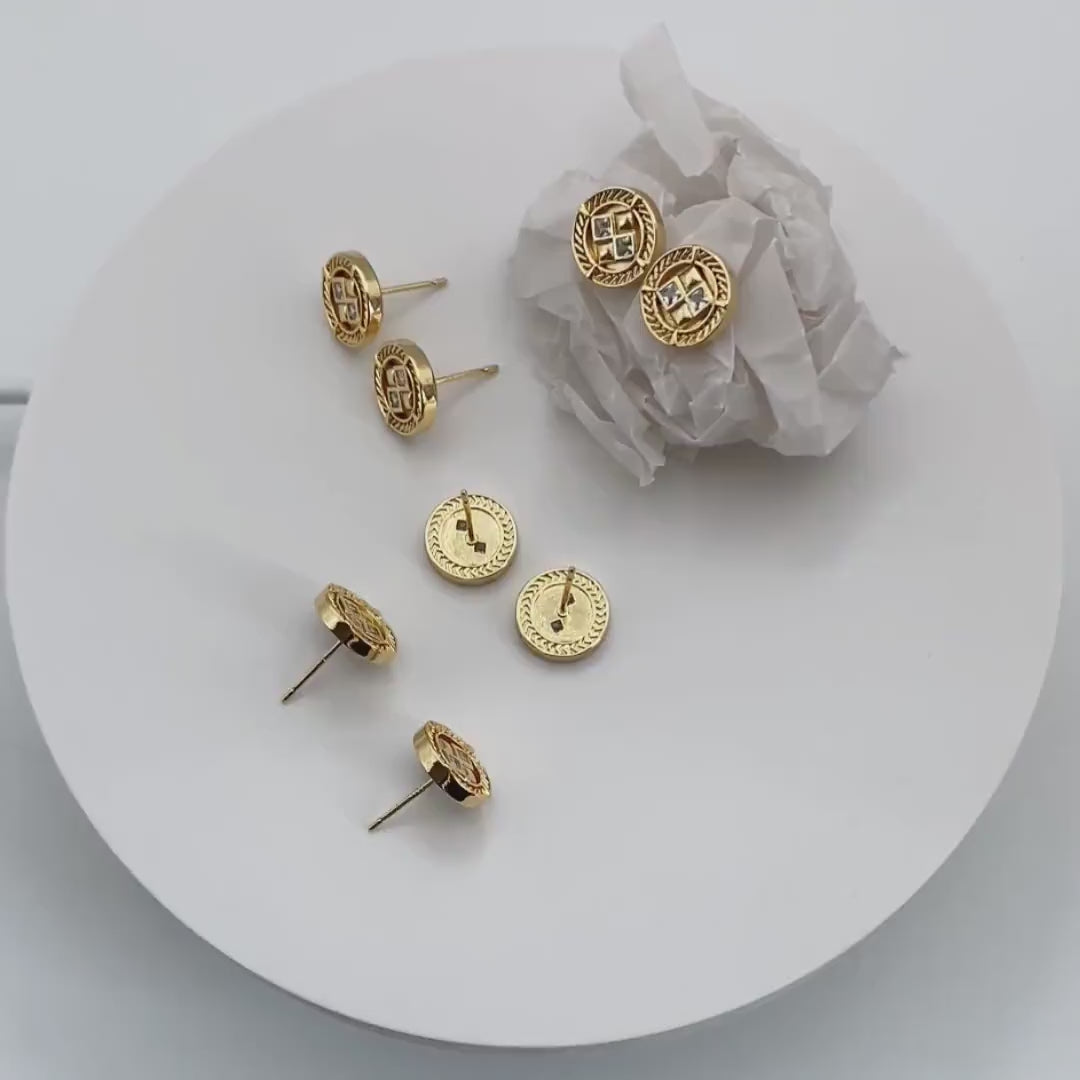 4pcs CZ Pave Gold Round Earrings 11mm, Gold Plated Brass Dainty Stud Earrings (GB-4233)
