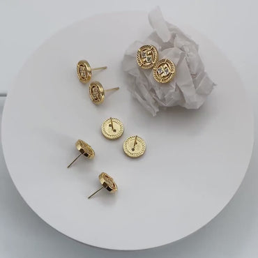 4pcs CZ Pave Gold Round Earrings 11mm, Gold Plated Brass Dainty Stud Earrings (GB-4233)