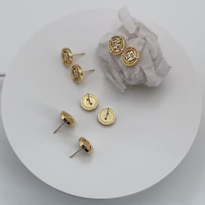 4pcs CZ Pave Gold Round Earrings 11mm, Gold Plated Brass Dainty Stud Earrings (GB-4233)