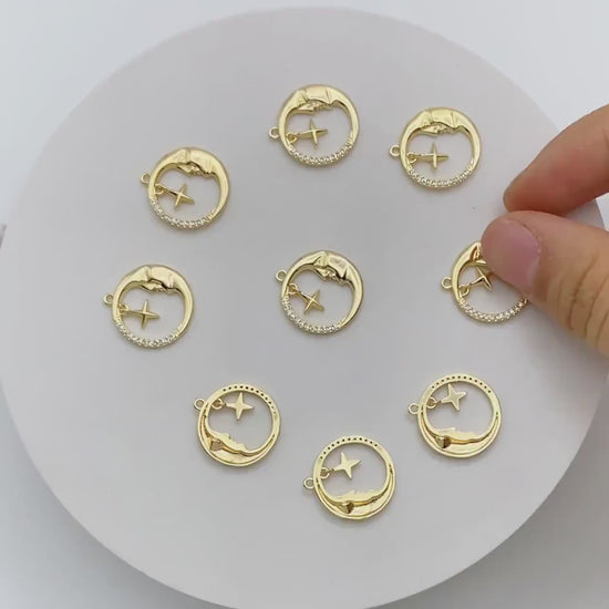4pcs CZ Pave Gold Round Moon Star Charms 18.5x17mm, Jewelry Making, Diy Material, Jewelry Supplies (GB-2433-G)