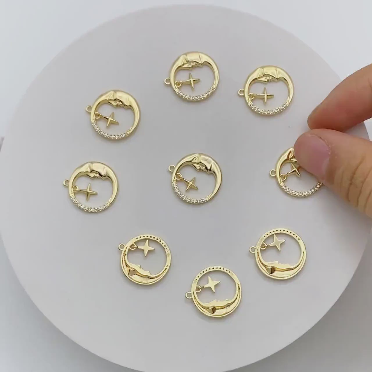 4pcs CZ Pave Gold Round Moon Star Charms 18.5x17mm, Jewelry Making, Diy Material, Jewelry Supplies (GB-2433-G)