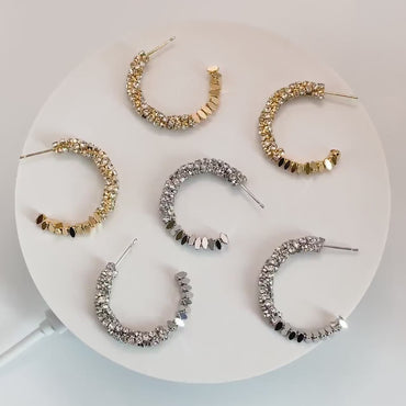 4pcs CZ Pave Gold/ Silver Beaded Round Hoop Earrings, 18K Gold/ Rhodium plated Brass, Geometric Hoop Stud Earrings (GB-4554)