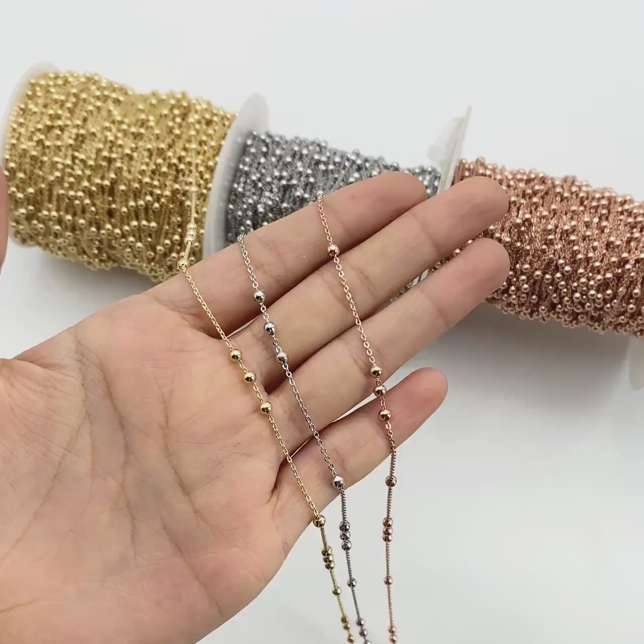 Gold/ Silver/ Rose Gold Beaded Chains, 1.3mm Chain with 3mm Ball Beads, Color Not Easily Tarnish (#LK-165)/ 1 Meter=3.3 ft
