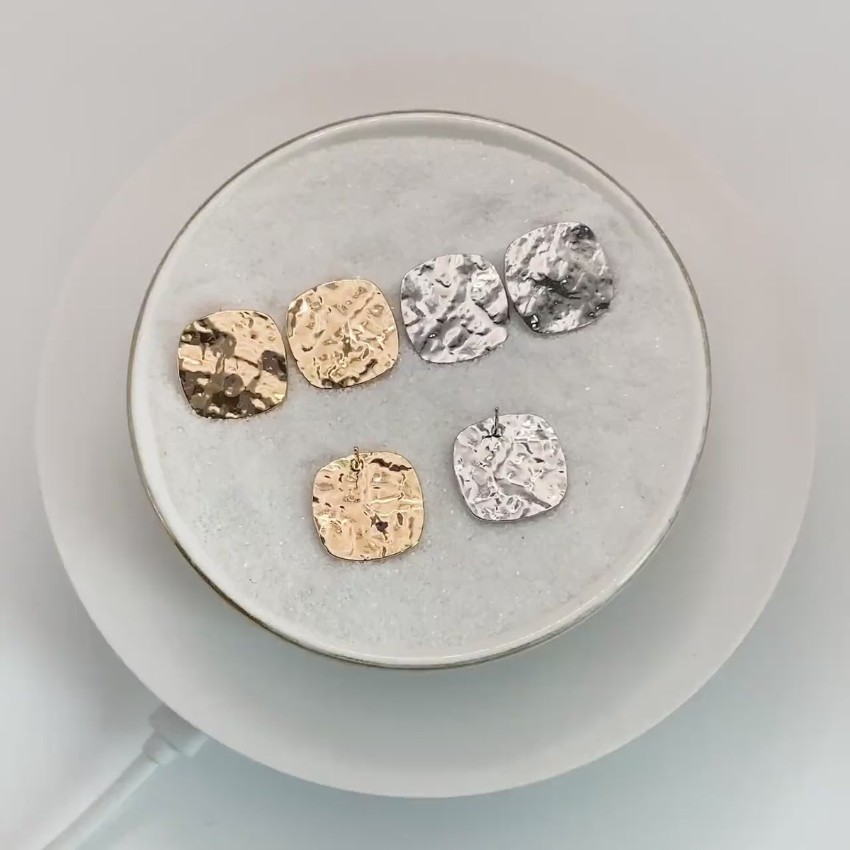 10pcs Gold/ Silver Hammered Square Earrings, Real Gold/ Rhodium plated Brass, Geometric Earring Studs (GB-4567-B)