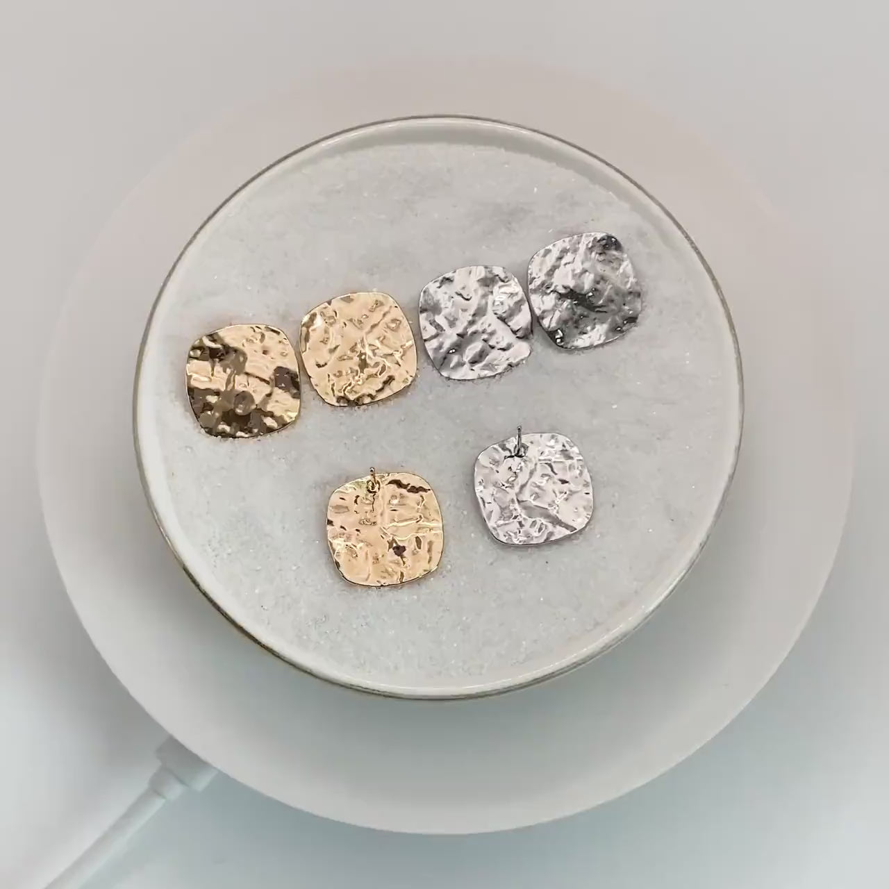 10pcs Gold/ Silver Hammered Square Earrings, Real Gold/ Rhodium plated Brass, Geometric Earring Studs (GB-4567-B)