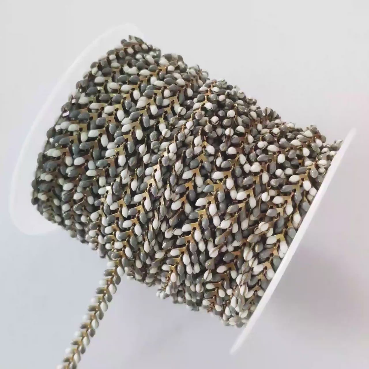 Enamel Brass Chevron Chain 6mm, Flat Herringbone Designer Chain, White Grey Mix Color (#LK-046-6)/ 1 Meter=3.3ft