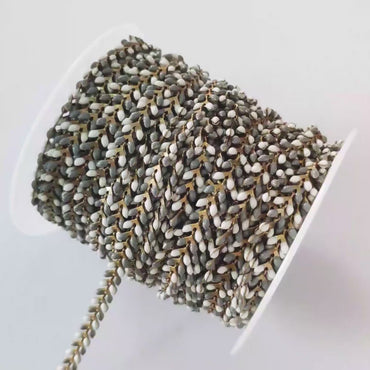 Enamel Brass Chevron Chain 6mm, Flat Herringbone Designer Chain, White Grey Mix Color (#LK-046-6)/ 1 Meter=3.3ft