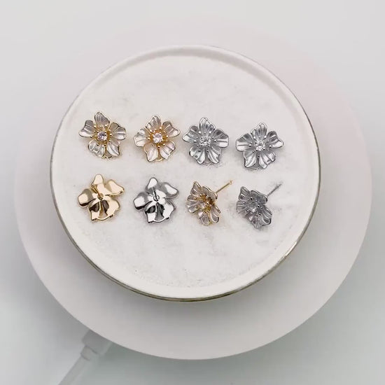 4pcs Gold/ Silver Tone Flower Earring with Loop, Gold/ Rhodium plated Brass, Floral Stud Earrings (GB-4282)