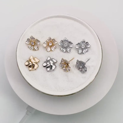 4pcs Gold/ Silver Tone Flower Earring with Loop, Gold/ Rhodium plated Brass, Floral Stud Earrings (GB-4282)