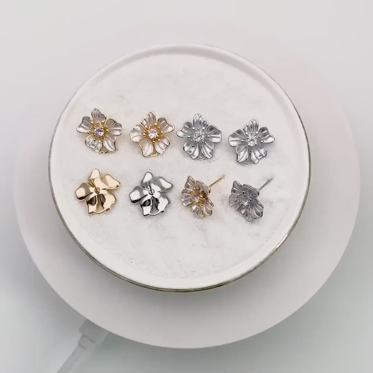 4pcs Gold/ Silver Tone Flower Earring with Loop, Gold/ Rhodium plated Brass, Floral Stud Earrings (GB-4282)