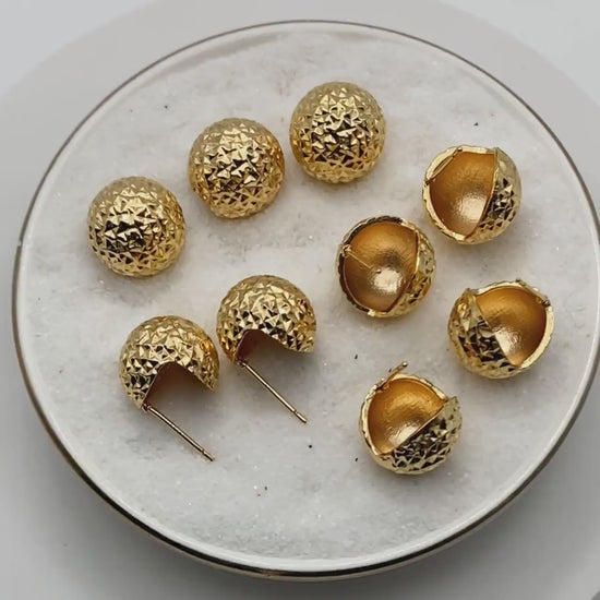 4pcs Gold Ball Ear Posts 14mm, Real Gold plated Brass, Round Earring Studs (GB-3342)