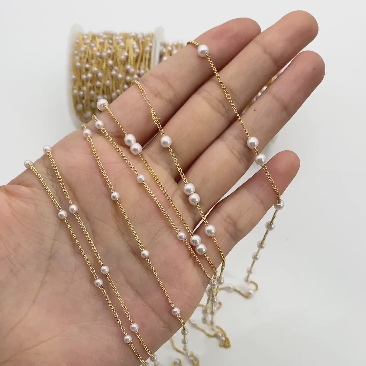 Gold Faux Pearl Beaded Chain, 18K Gold plated Brass Chain with Faux Pearl 3 / 4mm (LK-159) / 1 meter= 3.3ft