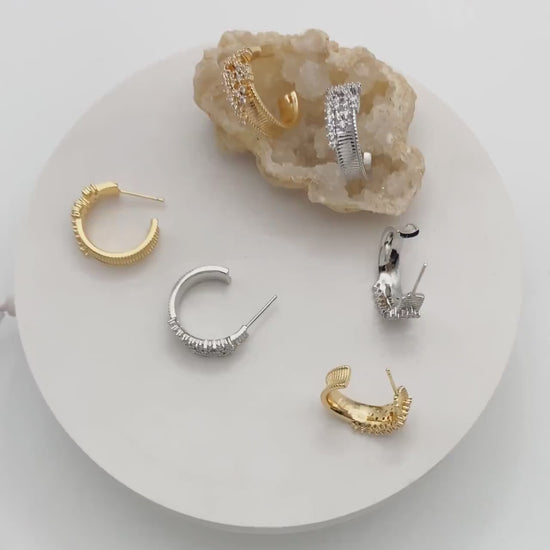 4pcs CZ Pave Gold/ Silver Round Circle Earrings, Gold/ Rhodium plated Brass, Geometric Hoop Stud Earrings (GB-4316)