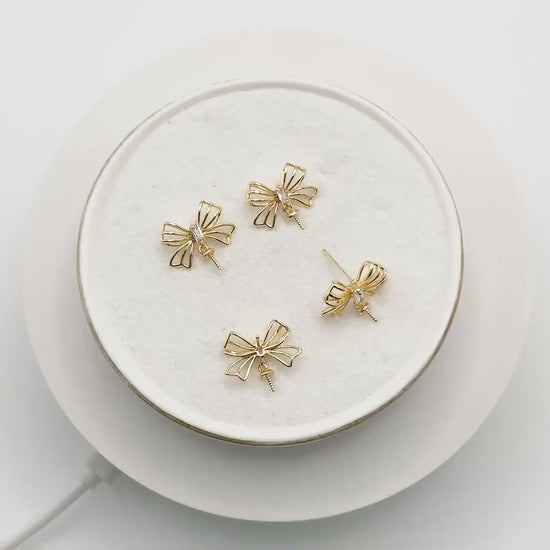 4pcs CZ Pave Gold Bowknot Earrings With Pearl Peg, Pearl Earring Mounts, Half Drilled Pearls Earring Settings (GB-747-E)