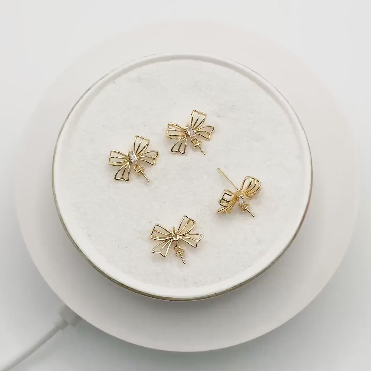 4pcs CZ Pave Gold Bowknot Earrings With Pearl Peg, Pearl Earring Mounts, Half Drilled Pearls Earring Settings (GB-747-E)