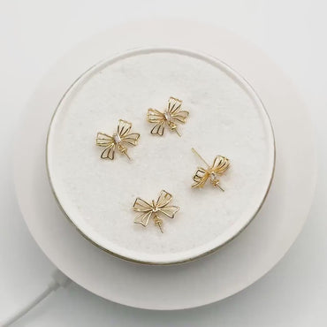 4pcs CZ Pave Gold Bowknot Earrings With Pearl Peg, Pearl Earring Mounts, Half Drilled Pearls Earring Settings (GB-747-E)