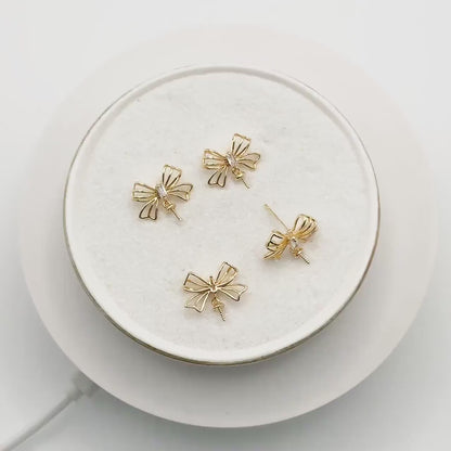 4pcs CZ Pave Gold Bowknot Earrings With Pearl Peg, Pearl Earring Mounts, Half Drilled Pearls Earring Settings (GB-747-E)