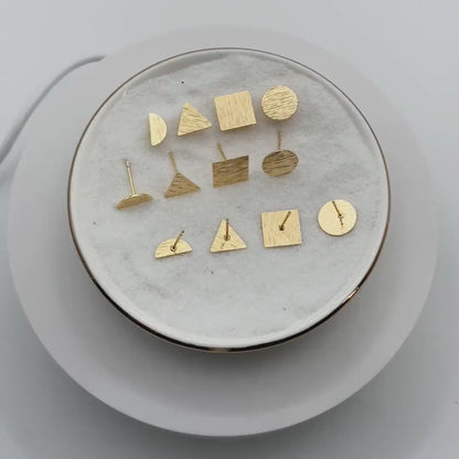 10pcs Gold Brushed Geometric Earrings, Real Gold Plated Brass, Semi Circle/ Triangle/ Square/ Round Earring Studs (GB-4060)