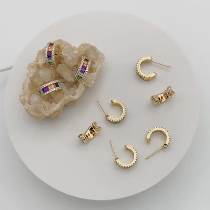 4pcs CZ Pave Earring Studs, 15mm, 18K Gold Plated Brass, Colorful Rainbow Ear Posts (GB-3238)