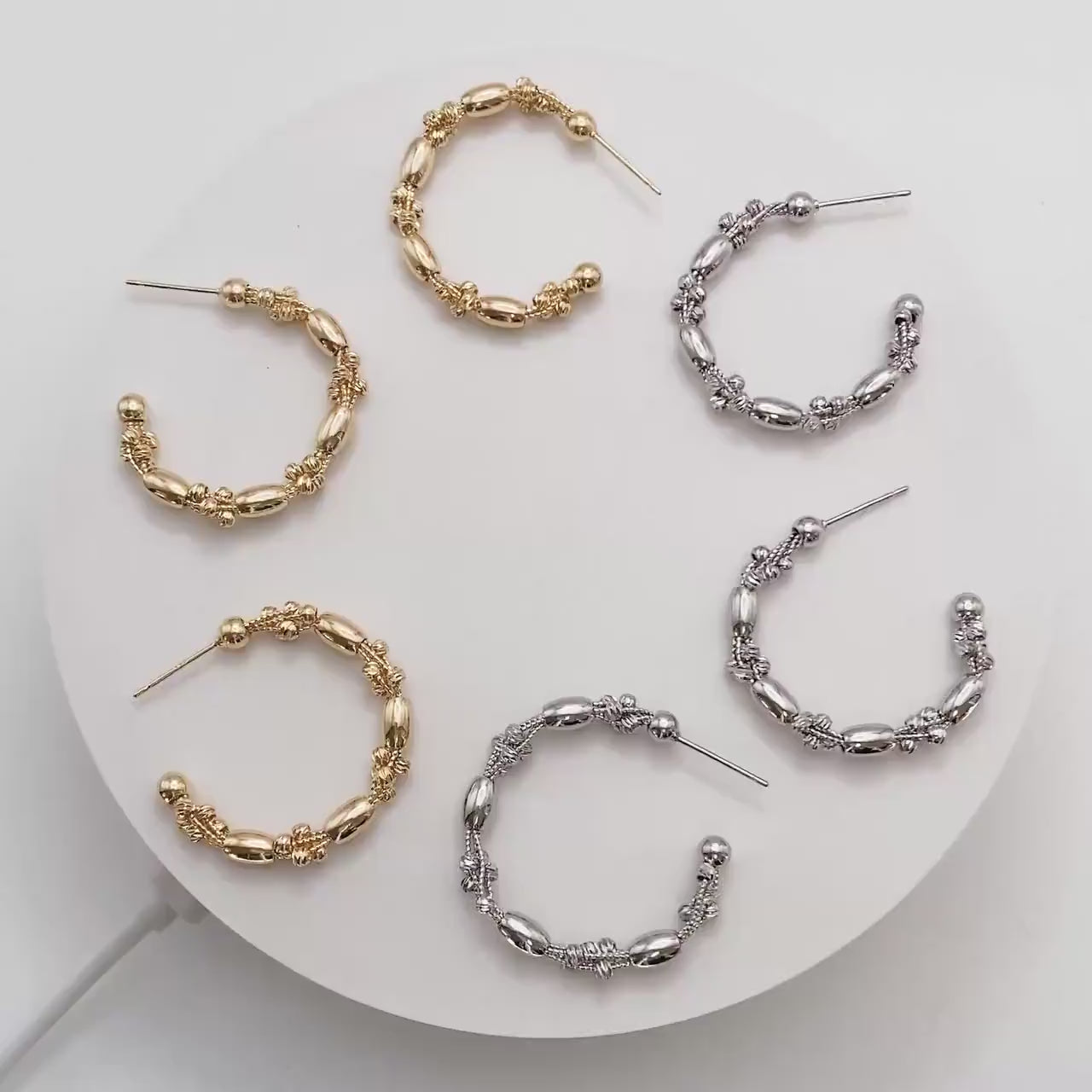 4pcs Gold/ Rhodium Plated Brass Hoop Earrings: Geometric C Shape Studs (GB-4542)
